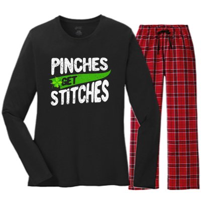 St Patricks Day Shamrock Lucky Irish Pinches Get Stitches Women's Long Sleeve Flannel Pajama Set 