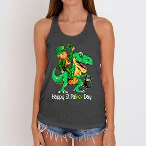 St Patricks Day Leprechaun Riding Dinosaur Gift Women's Knotted Racerback Tank