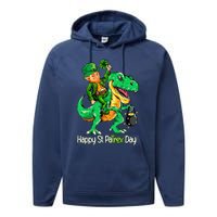 St Patricks Day Leprechaun Riding Dinosaur Gift Performance Fleece Hoodie