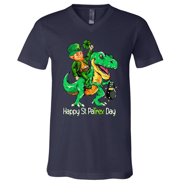 St Patricks Day Leprechaun Riding Dinosaur Gift V-Neck T-Shirt