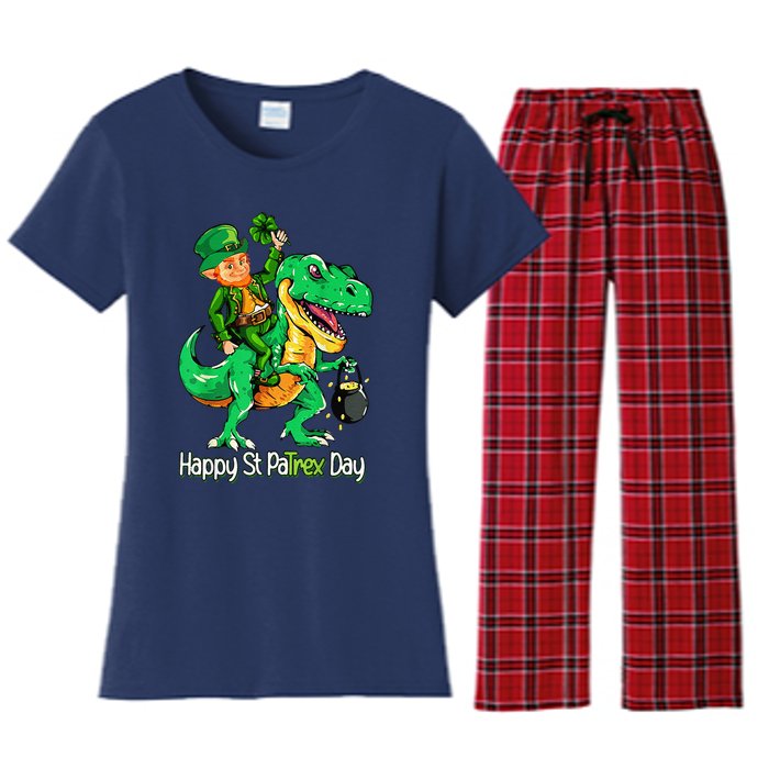 St Patricks Day Leprechaun Riding Dinosaur Gift Women's Flannel Pajama Set