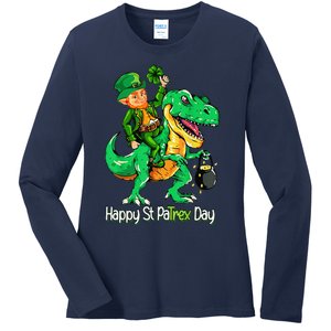 St Patricks Day Leprechaun Riding Dinosaur Gift Ladies Long Sleeve Shirt