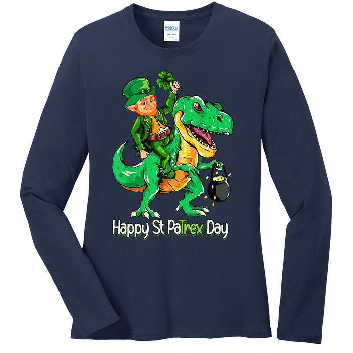 St Patricks Day Leprechaun Riding Dinosaur Gift Ladies Long Sleeve Shirt