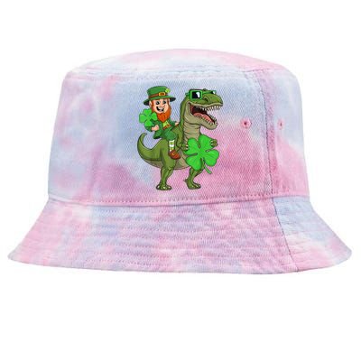 St Patricks Day Leprechaun Riding T Rex Funny Dino Boys Kid.s Tie-Dyed Bucket Hat