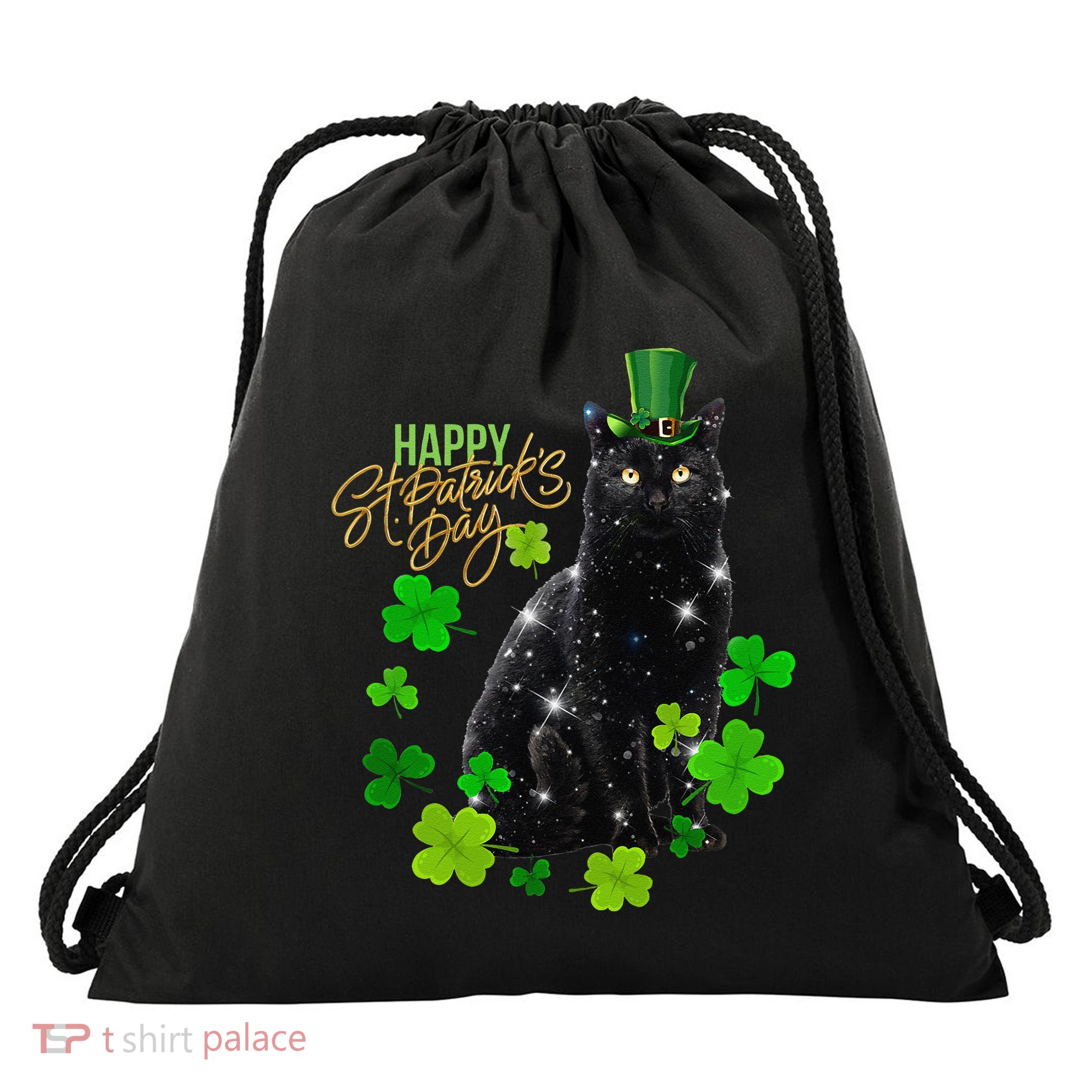 St Patrick's Day Irish Saint Patrick's Shamrock Sitting Cat2 Drawstring Bag