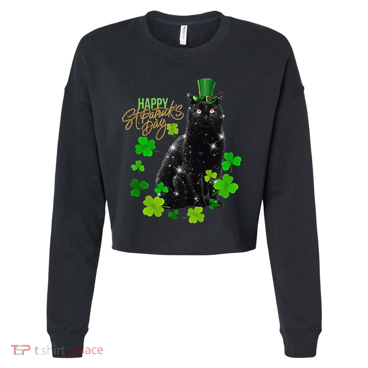 St Patrick's Day Irish Saint Patrick's Shamrock Sitting Cat2 Cropped Pullover Crew