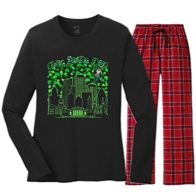 Saint Patrick's Day City Graphic Cool Design Matching Family Women's Long Sleeve Flannel Pajama Set 