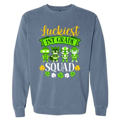 St Patricks Day Teacher Gift Luckiest 1st Grade Squad Gift Garment-Dyed Sweatshirt