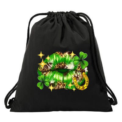St. PatrickS Day Lips With Leopard And Shamrocks Drawstring Bag
