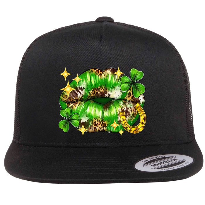 St. PatrickS Day Lips With Leopard And Shamrocks Flat Bill Trucker Hat