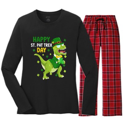 St Patricks Day Leprechaun Dinosaur Dino Happy St Pat Trex Women's Long Sleeve Flannel Pajama Set 