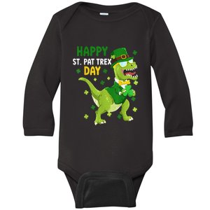 St Patricks Day Leprechaun Dinosaur Dino Happy St Pat Trex Baby Long Sleeve Bodysuit