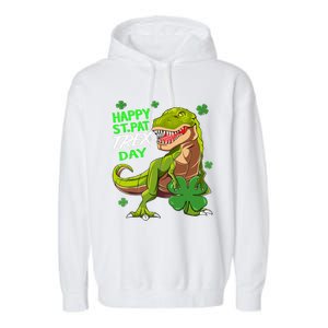 St Patricks Day Dinosaur Dino Saurus Irish Shamrock Boy Garment-Dyed Fleece Hoodie