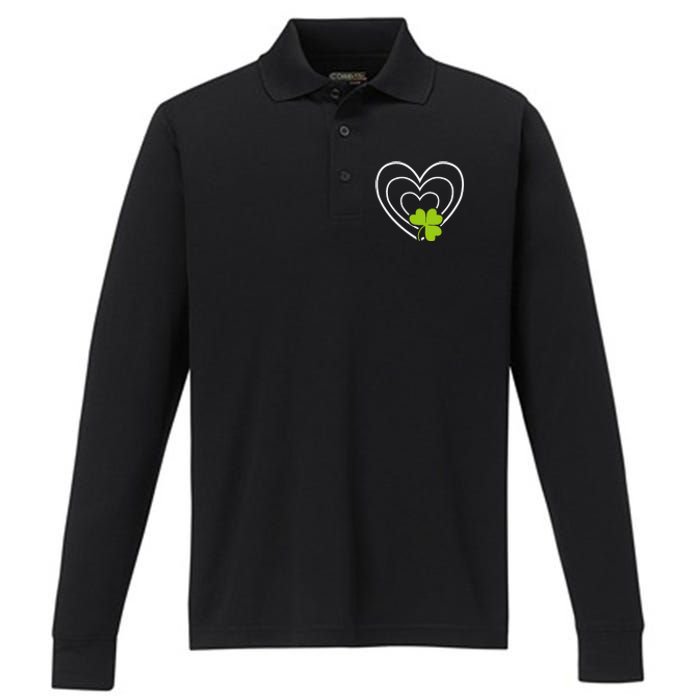 Saint Patrick's Day Green Heart Lucky Charmss Paddy's Day Performance Long Sleeve Polo