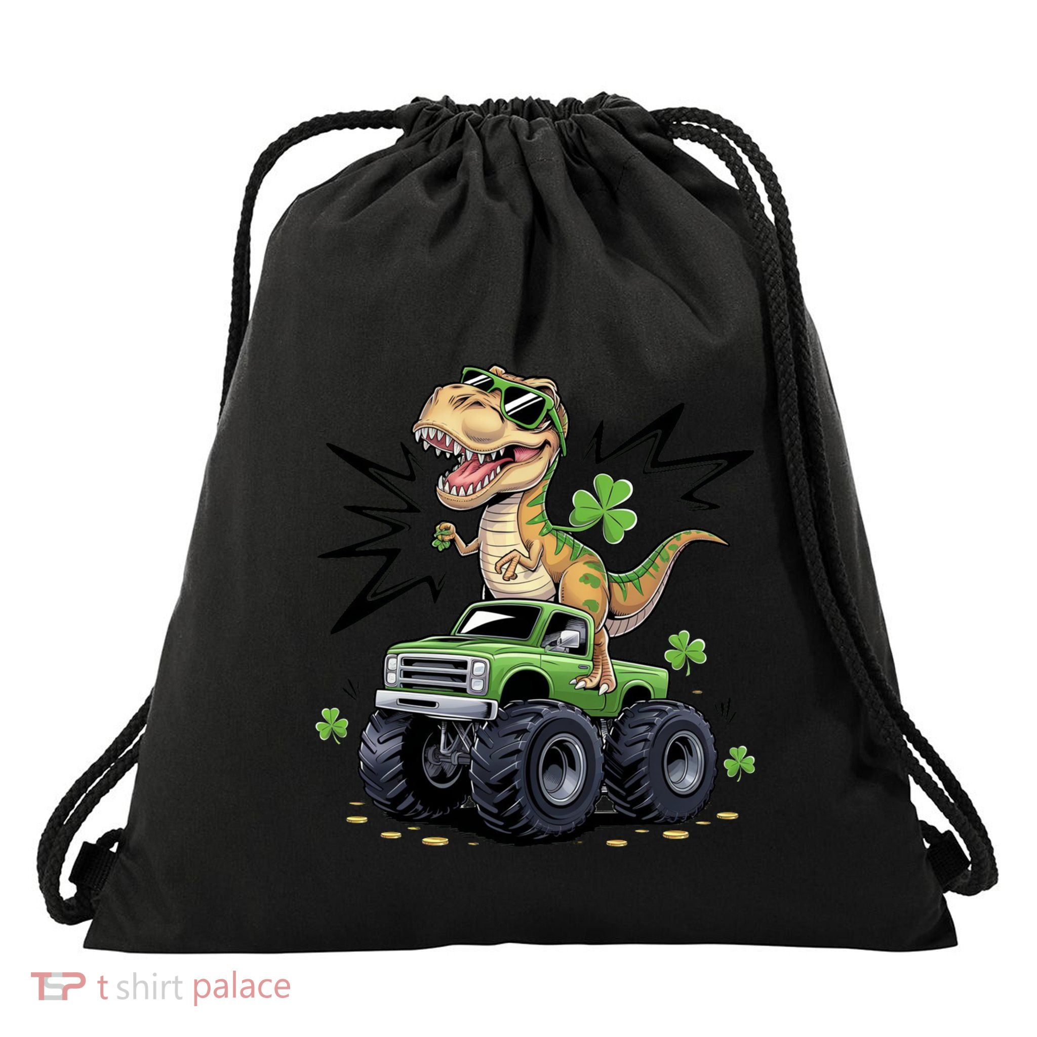 St Patricks Day Dinosaur Monster Truck Shamrock Funny Gift Drawstring Bag