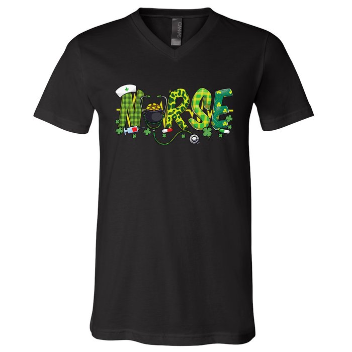 St Patricks Day Nurse Shamrock Medical Nursing Lucky RN V-Neck T-Shirt