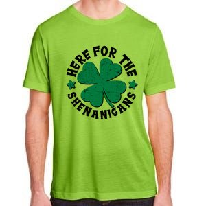 St Patricks Day Here For The Shenanigans Lucky Shamrock Clover Adult ChromaSoft Performance T-Shirt