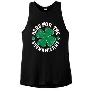 St Patricks Day Here For The Shenanigans Lucky Shamrock Clover Ladies PosiCharge Tri-Blend Wicking Tank