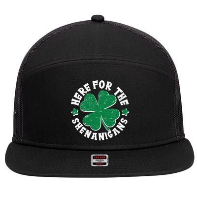 St Patricks Day Here For The Shenanigans Lucky Shamrock Clover 7 Panel Mesh Trucker Snapback Hat