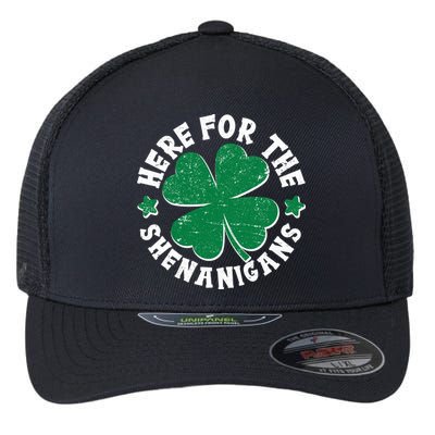 St Patricks Day Here For The Shenanigans Lucky Shamrock Clover Flexfit Unipanel Trucker Cap