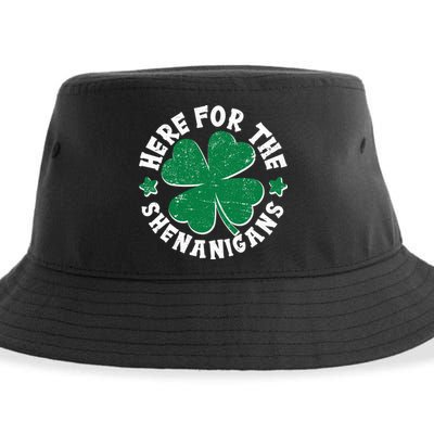 St Patricks Day Here For The Shenanigans Lucky Shamrock Clover Sustainable Bucket Hat