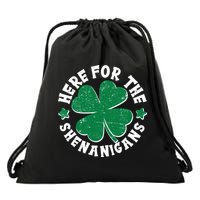 St Patricks Day Here For The Shenanigans Lucky Shamrock Clover Drawstring Bag