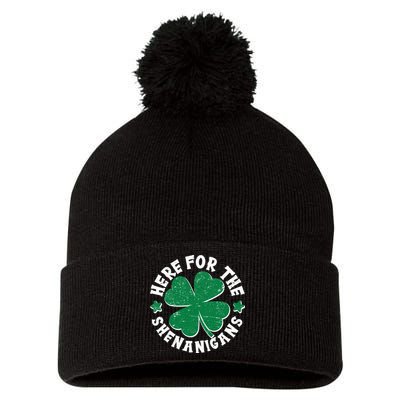 St Patricks Day Here For The Shenanigans Lucky Shamrock Clover Pom Pom 12in Knit Beanie