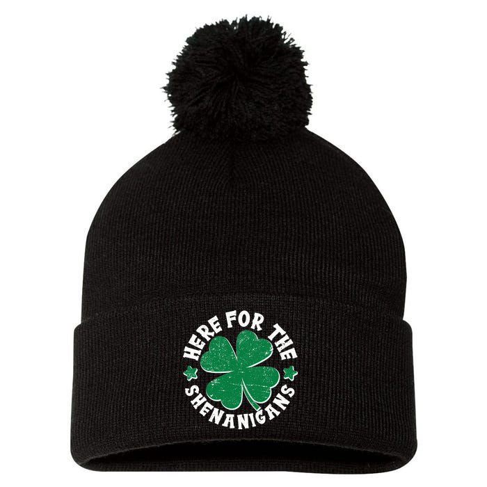 St Patricks Day Here For The Shenanigans Lucky Shamrock Clover Pom Pom 12in Knit Beanie