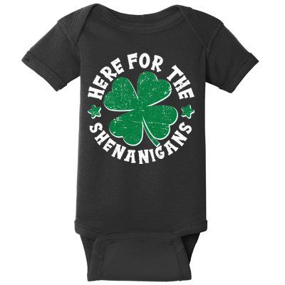 St Patricks Day Here For The Shenanigans Lucky Shamrock Clover Baby Bodysuit