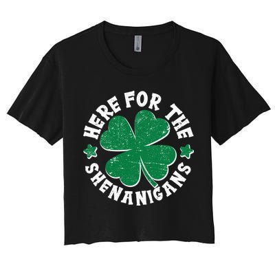 St Patricks Day Here For The Shenanigans Lucky Shamrock Clover Crop Top