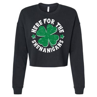 St Patricks Day Here For The Shenanigans Lucky Shamrock Clover Cropped Pullover Crew