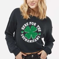 St Patricks Day Here For The Shenanigans Lucky Shamrock Clover Cropped Pullover Crew