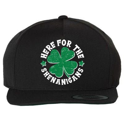 St Patricks Day Here For The Shenanigans Lucky Shamrock Clover Wool Snapback Cap