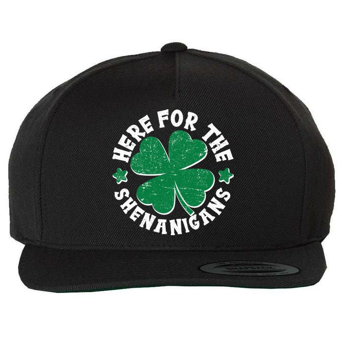 St Patricks Day Here For The Shenanigans Lucky Shamrock Clover Wool Snapback Cap