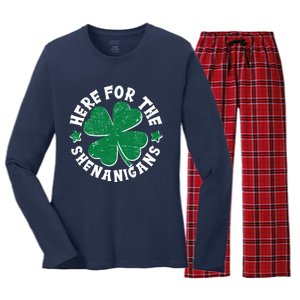 St Patricks Day Here For The Shenanigans Lucky Shamrock Clover Women's Long Sleeve Flannel Pajama Set 