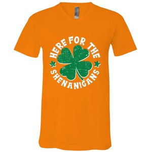 St Patricks Day Here For The Shenanigans Lucky Shamrock Clover V-Neck T-Shirt