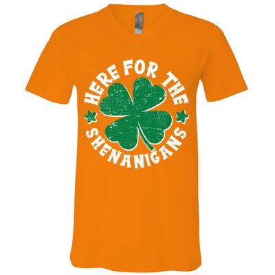St Patricks Day Here For The Shenanigans Lucky Shamrock Clover V-Neck T-Shirt