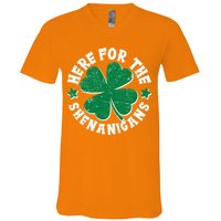 St Patricks Day Here For The Shenanigans Lucky Shamrock Clover V-Neck T-Shirt