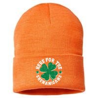 St Patricks Day Here For The Shenanigans Lucky Shamrock Clover Sustainable Knit Beanie