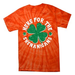 St Patricks Day Here For The Shenanigans Lucky Shamrock Clover Tie-Dye T-Shirt