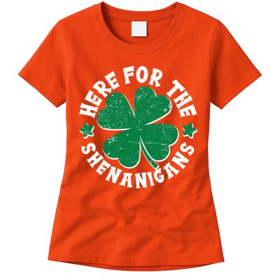 St Patricks Day Here For The Shenanigans Lucky Shamrock Clover Womens T-Shirt