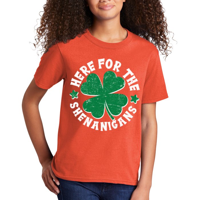 St Patricks Day Here For The Shenanigans Lucky Shamrock Clover Kids T-Shirt