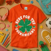St Patricks Day Here For The Shenanigans Lucky Shamrock Clover Kids T-Shirt