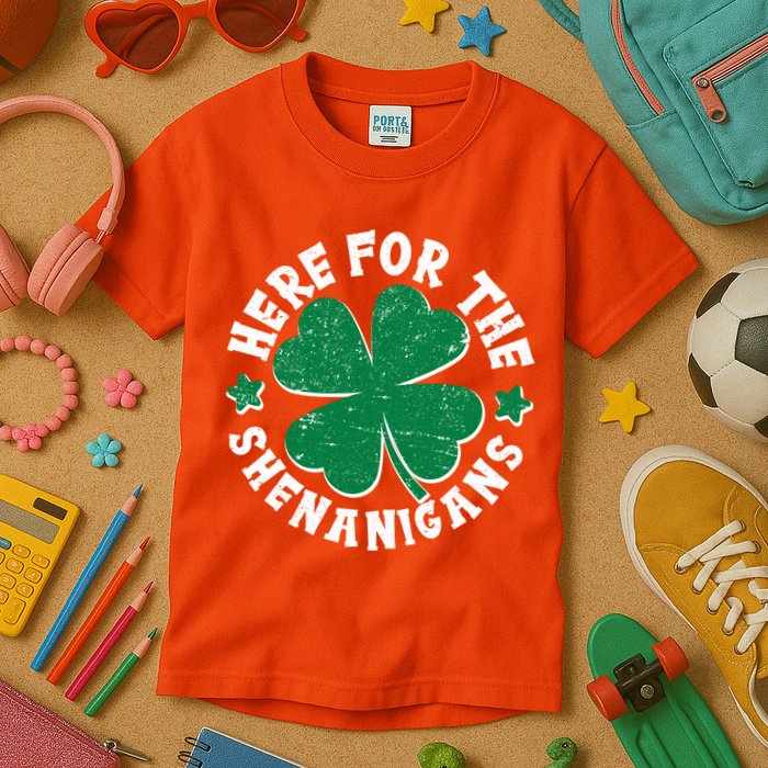 St Patricks Day Here For The Shenanigans Lucky Shamrock Clover Kids T-Shirt