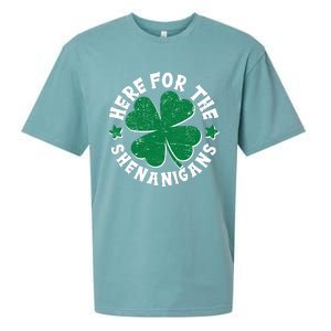 St Patricks Day Here For The Shenanigans Lucky Shamrock Clover Sueded Cloud Jersey T-Shirt