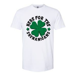 St Patricks Day Here For The Shenanigans Lucky Shamrock Clover Softstyle CVC T-Shirt