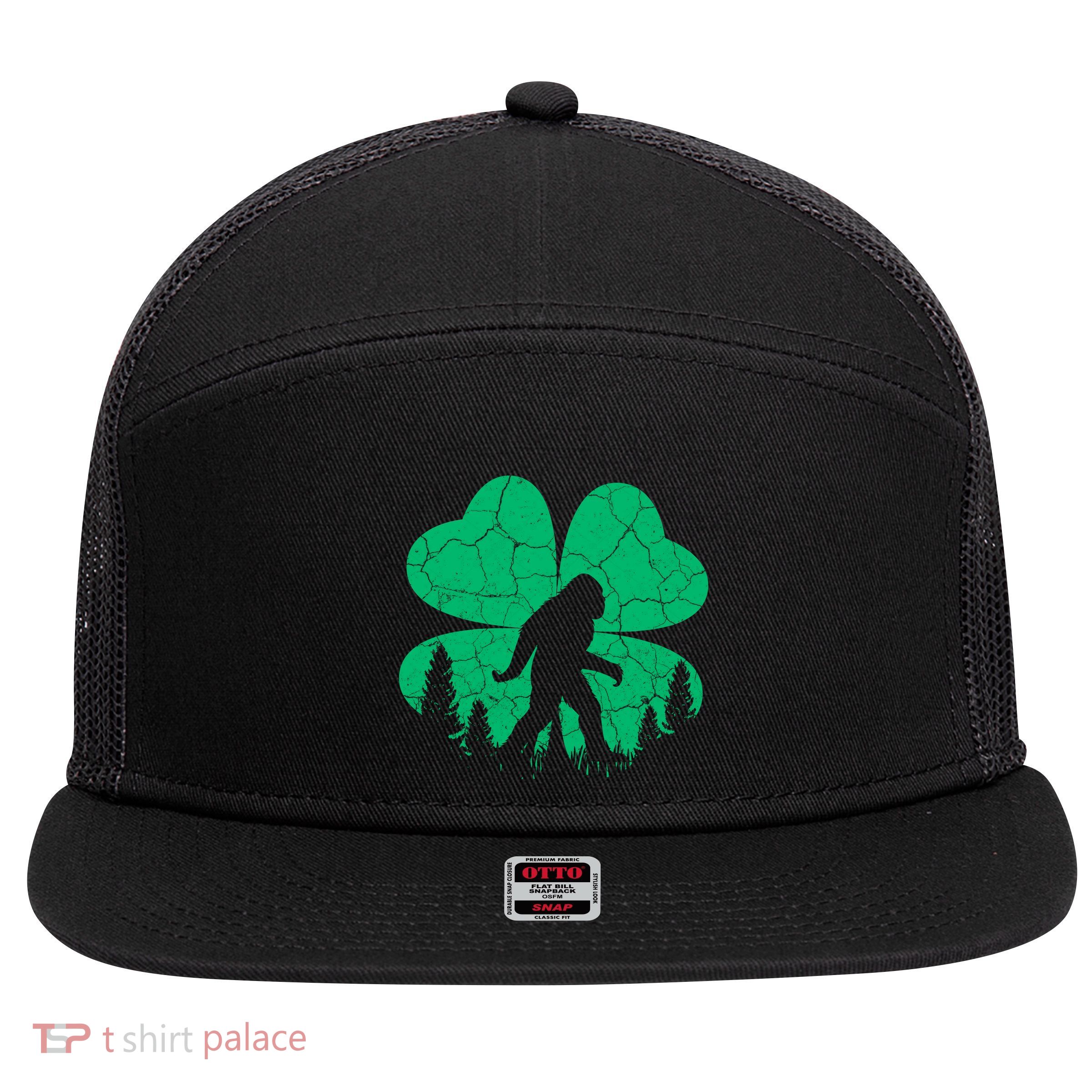 St Patricks Day Bigfoot Sasquatch Irish Clover 7 Panel Mesh Trucker Snapback Hat