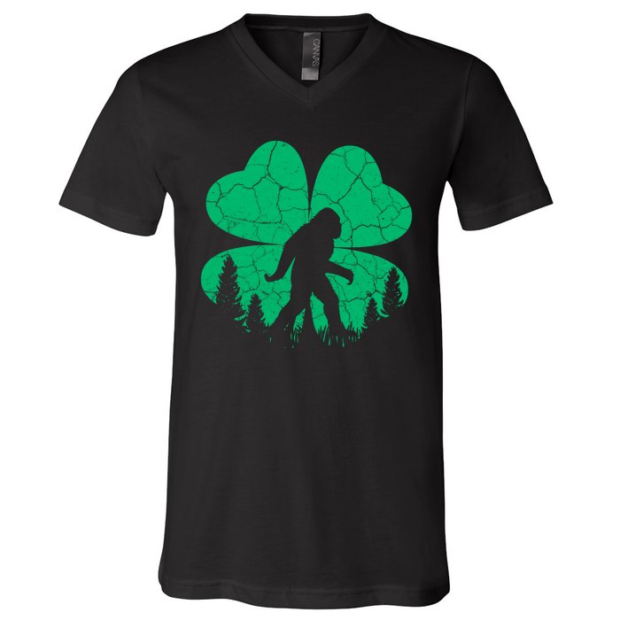 St Patricks Day Bigfoot Sasquatch Irish Clover V-Neck T-Shirt