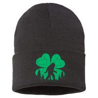 St Patricks Day Bigfoot Sasquatch Irish Clover Sustainable Knit Beanie