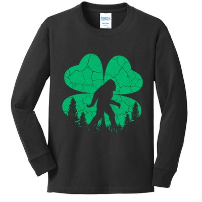 St Patricks Day Bigfoot Sasquatch Irish Clover Kids Long Sleeve Shirt